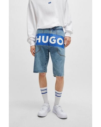 HUGO Denim Shorts With Logo Print - Blue