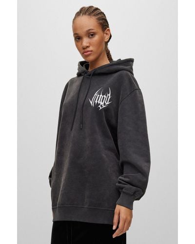HUGO Peached-cotton Relaxed-fit Hoodie With Seasonal Artwork - Grey