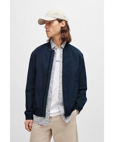 BOSS Water-repellent Jacket In Cotton-effect Crinkle Fabric - Blue