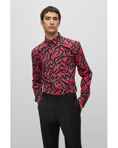 BOSS by HUGO BOSS Slim-fit Shirt In Printed Organic Cotton With Stretch - Red