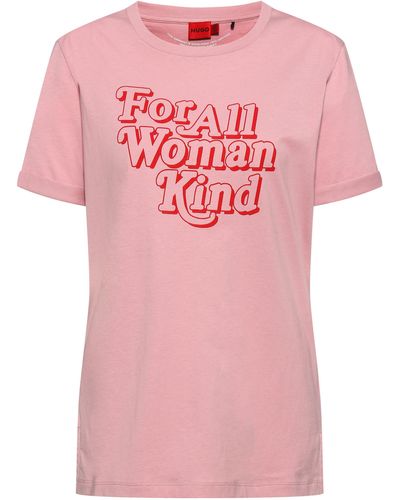 HUGO T-shirt Van Biologische Katoen Met Nieuwe Slogan - Roze