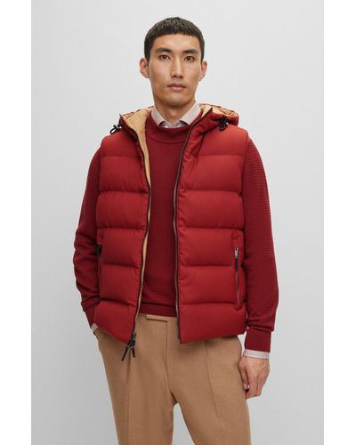 BOSS Wool-blend Hooded Gilet With Down Filling - Red
