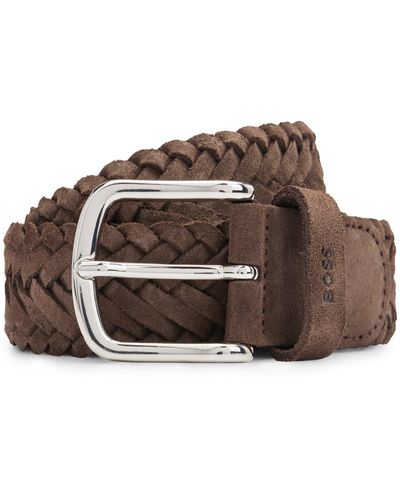 BOSS Woven-suede Belt With Branded Keeper And Polished Hardware - Brown