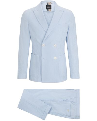 BOSS Gestreifter Slim-Fit Anzug aus elastischem Baumwoll-Seersucker - Blau
