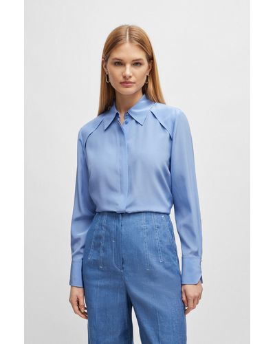 BOSS Long-sleeved Blouse In Washed Silk - Blue