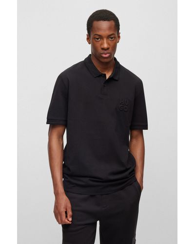 HUGO Stacked-logo-embossed Polo Shirt In Cotton Piqué - Black
