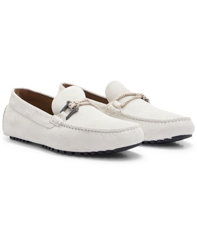 BOSS Driver Moccasins In Suede With Cord And Hardware Details - White