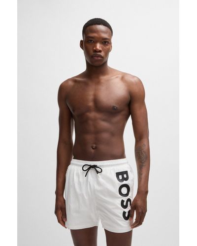 BOSS Vertical-logo-print Swim Shorts In Quick-dry Poplin - Gray