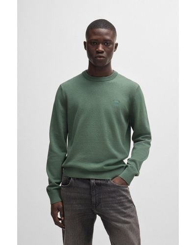 BOSS Crew-neck Jumper In Cotton And Cashmere With Logo - Green