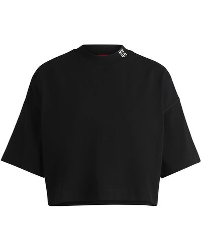 HUGO Cotton-jersey Relaxed-fit Cropped T-shirt With Stacked Logo - Black