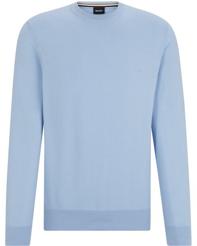 BOSS Pullover aus Baumwolle mit Rundhalsausschnitt und Logo-Stickerei - Blau