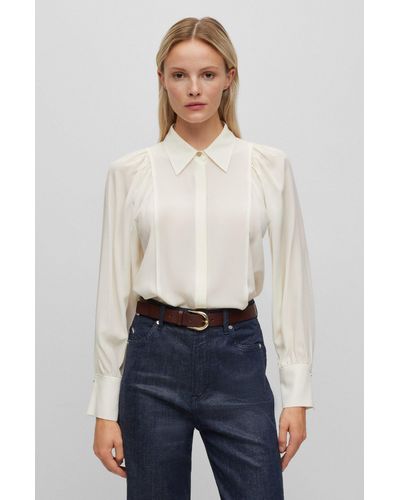 BOSS Regular-fit Blouse In Washed Silk With Concealed Packet - White