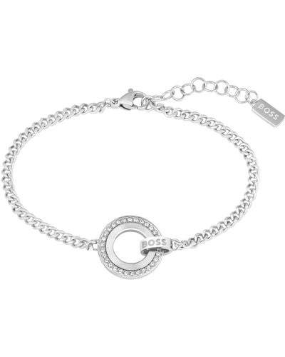 BOSS Chain Bracelet With Crystal Ring And Branded Link - White