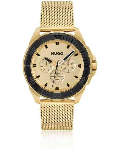 HUGO Gold-tone Watch With Mesh Bracelet - Metallic