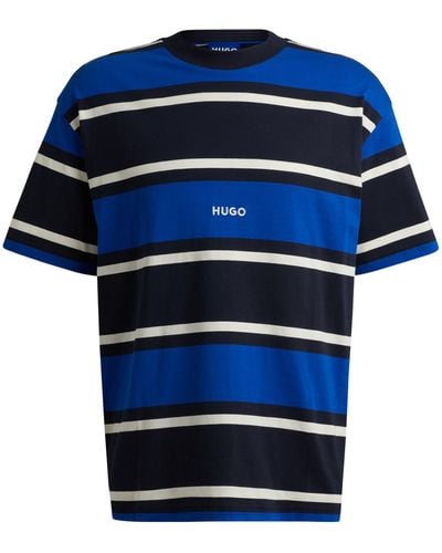 HUGO Gestreept T-shirt Van Katoenen Jersey Met Logostiksel - Blauw