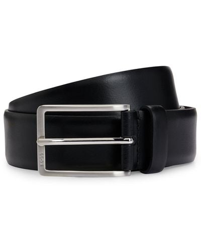 BOSS Italian-made Leather Belt With Engraved-logo Buckle - Black