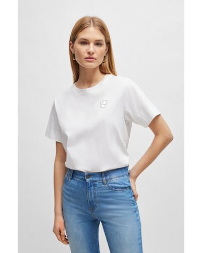 BOSS Mercerised-cotton Top With Double-monogram Embroidery - White