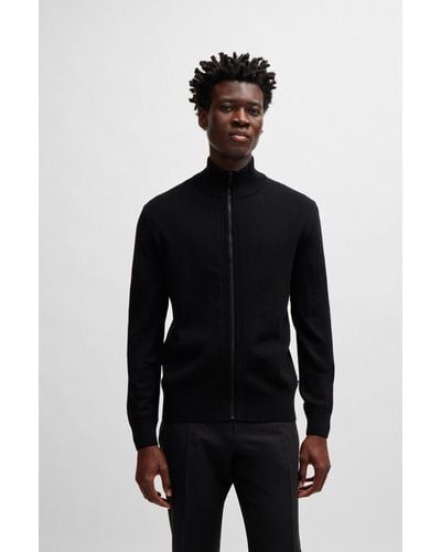 BOSS Zip-up Cardigan In Virgin Wool With Mixed Structures - Black