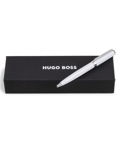 BOSS Ballpoint Pen In Glossy-white Lacquer With Logo Ring - Black