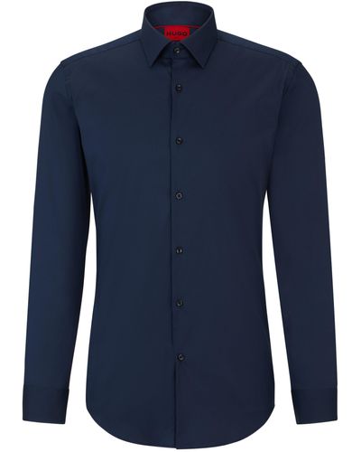 HUGO Slim-fit Overhemd In Popeline Van Een Katoenmix - Blauw
