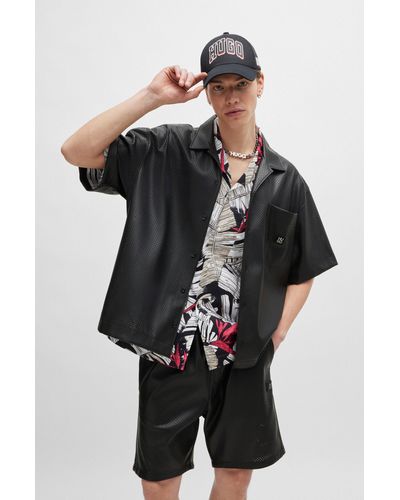 HUGO Oversized-fit Shirt In Perforated Faux Leather - Black