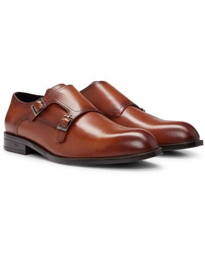 BOSS Double-monk Shoes In Smooth Leather With Branded Buckles - Brown