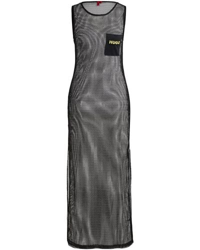 HUGO Sleeveless Dress In Net Mesh With Logo Embroidery - Grey