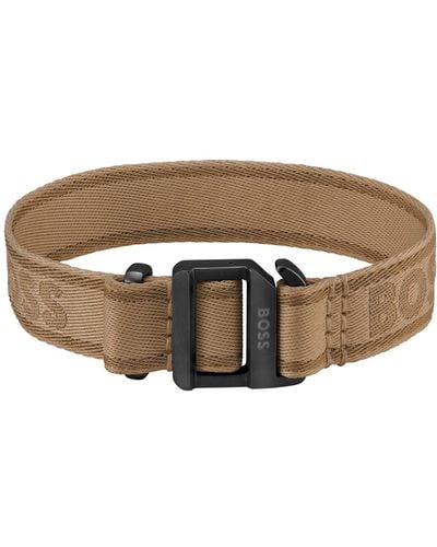 BOSS Camel-coloured Woven Logo-strap Cuff With Adjustable Buckle - Brown