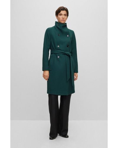 BOSS Double-breasted Coat In Wool-blend Twill - Green