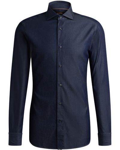 BOSS Slim-Fit Hemd aus Baumwoll-Denim mit Cutaway-Kragen - Blau