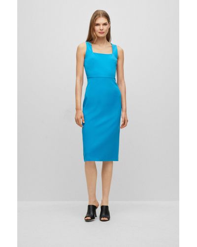 BOSS Square-neck Slim-fit Dress In Stretch Material - Blue