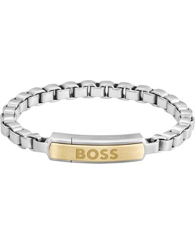 BOSS Bracciale color argento con catena a maglie quadrate e targhetta con logo color oro - Bianco