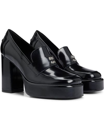 HUGO Platform Loafers In Leather With Stacked-logo Trim - Black