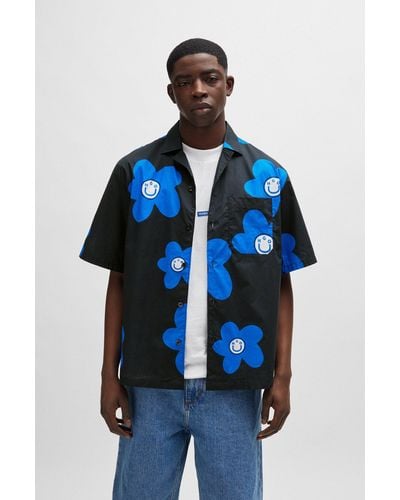 HUGO Oversized-fit Shirt In Floral-print Cotton Poplin - Blue