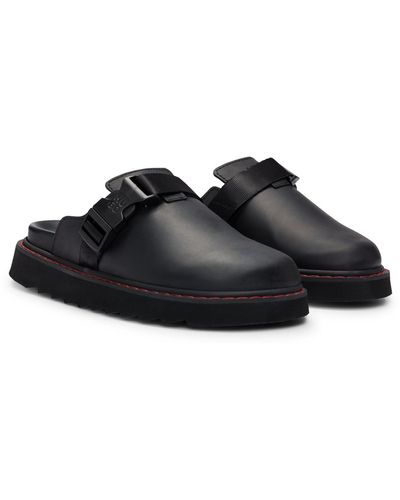 HUGO Leather Slip-on Shoes With Branded Buckle - Black