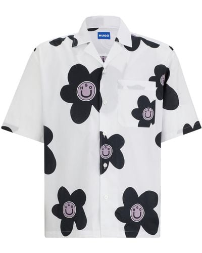 HUGO Oversized Hemd aus Baumwoll-Popeline mit Blumen-Print - Weiß