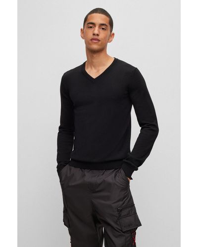HUGO V-neck Regular-fit Sweater In Virgin Wool - Black