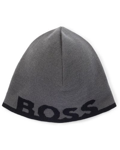 BOSS Beanie Hat With Logo In A Wool Blend - Gray