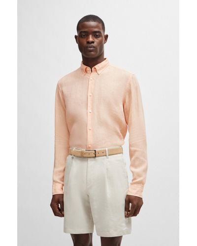 BOSS Regular-fit Linen Shirt With Button-down Collar - Natural