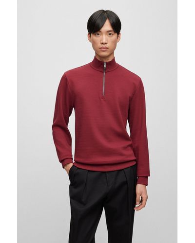 BOSS Zip-neck Sweatshirt In Mercerized Cotton Jacquard - Red