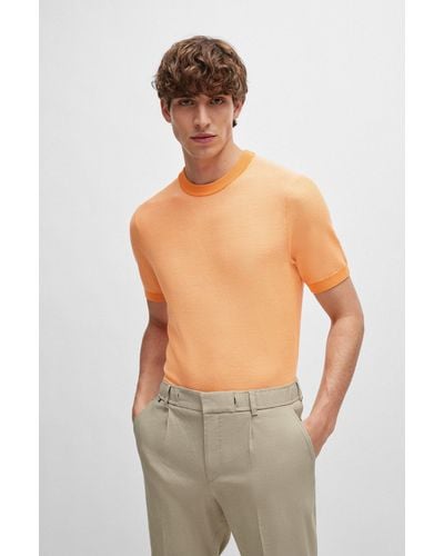 BOSS Short-sleeved Cotton-blend Sweater With Micro Structure - Orange