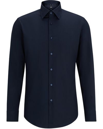 BOSS Slim-fit Overhemd In Gemakkelijk Te Strijken Katoenen Popeline Met Stretch - Blauw