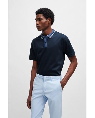 BOSS Mercerized-cotton Slim-fit Polo Shirt With Contrast Stripes - Blue