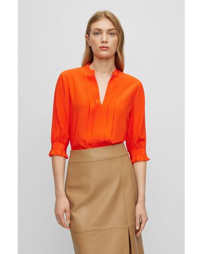 BOSS Regular-fit Blouse In Pure Silk With Pleat Front - Orange