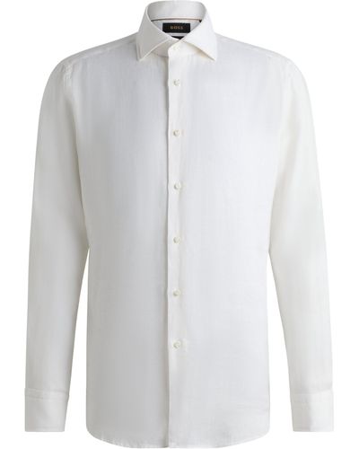BOSS Regular-Fit Hemd aus Leinen mit Cutaway-Kragen - Weiß