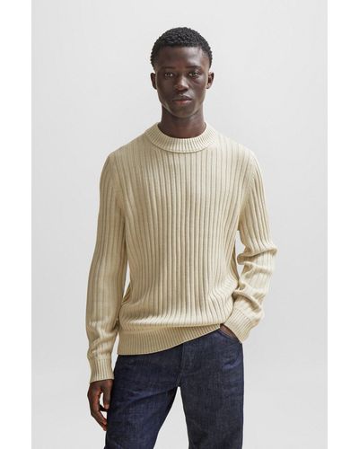 BOSS Wool-blend Regular-fit Jumper With Wide Ribbing - Natural