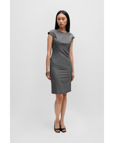 BOSS Cap-sleeve Shift Dress In Virgin Wool - Grey