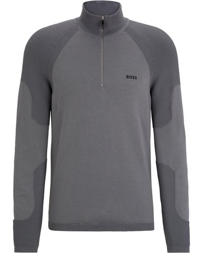 BOSS Pullover aus Baumwoll-Mix mit Troyerkragen und Logo-Detail - Grau