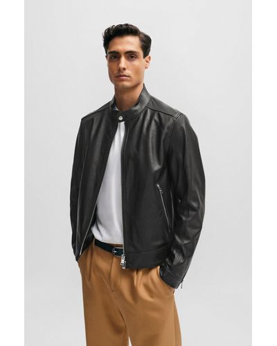 BOSS Regular-fit Jacket In Grained Leather - Gray
