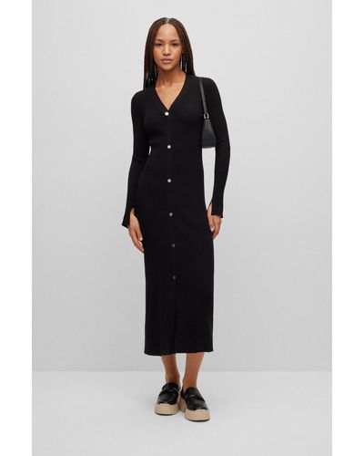 HUGO Knitted V-neck Dress With Button Details - Black